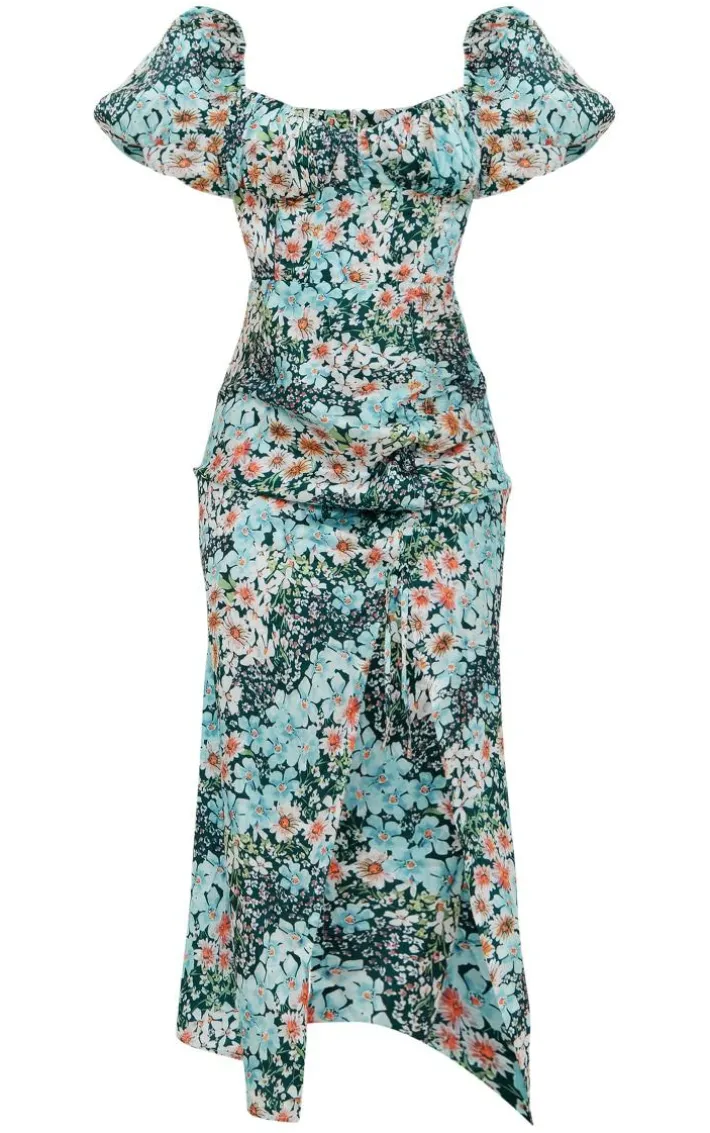 Blue Floral Print Satin Puff Sleeve Corset Ruched Midaxi Dress
