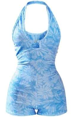 Blue Floral Print Towelling Ring Detail Halter Romper