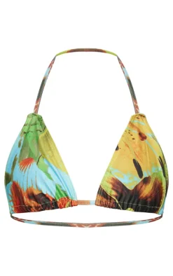 Blue Floral Print Triangle Bikini Top