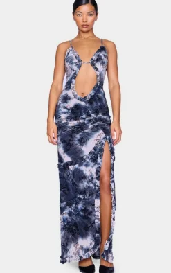 Blue Floral Printed Devore Cut Out Cami Spilt Hem Maxi Dress