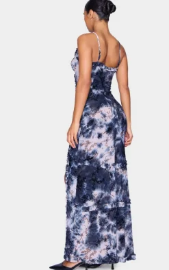Blue Floral Printed Devore Cut Out Cami Spilt Hem Maxi Dress
