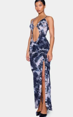 Blue Floral Printed Devore Cut Out Cami Spilt Hem Maxi Dress