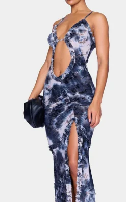 Blue Floral Printed Devore Cut Out Cami Spilt Hem Maxi Dress