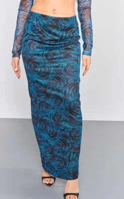Blue Floral Printed Mesh Low Rise Maxi Skirt