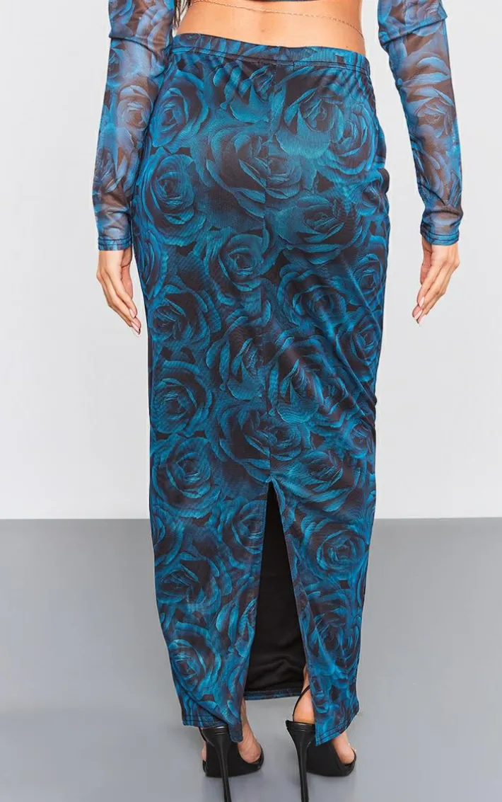 Blue Floral Printed Mesh Low Rise Maxi Skirt