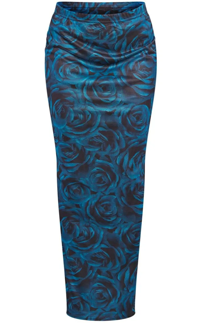 Blue Floral Printed Mesh Low Rise Maxi Skirt