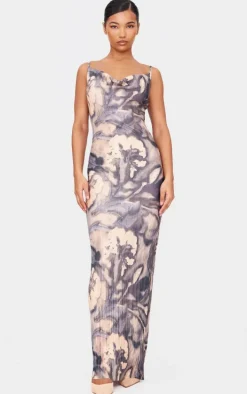 Blue Floral Printed Plisse Strappy Maxi Dress