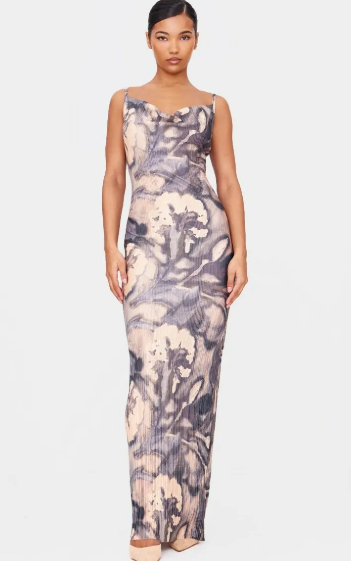 Blue Floral Printed Plisse Strappy Maxi Dress