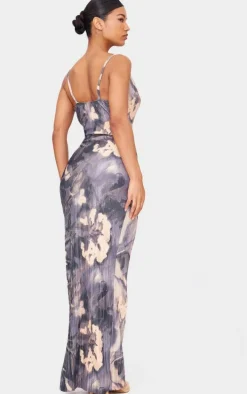 Blue Floral Printed Plisse Strappy Maxi Dress