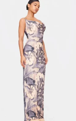 Blue Floral Printed Plisse Strappy Maxi Dress