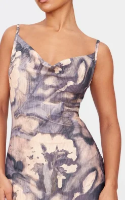 Blue Floral Printed Plisse Strappy Maxi Dress