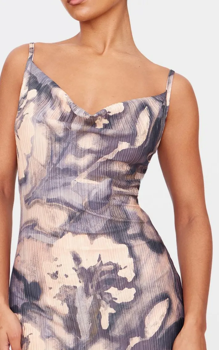 Blue Floral Printed Plisse Strappy Maxi Dress