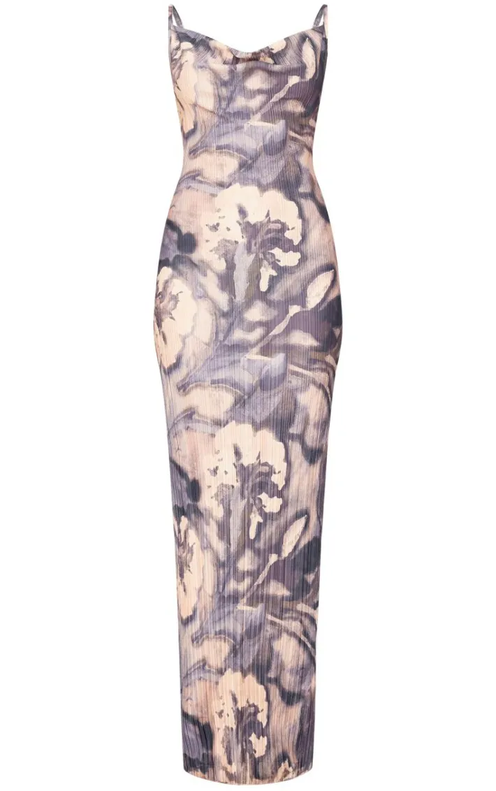 Blue Floral Printed Plisse Strappy Maxi Dress