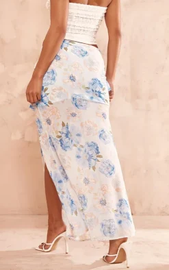 Blue Floral Printed Ruffle Detail Maxi Skirt