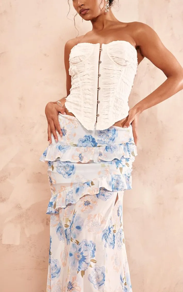 Blue Floral Printed Ruffle Detail Maxi Skirt