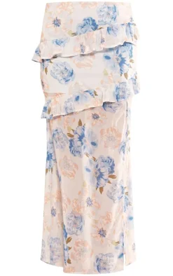 Blue Floral Printed Ruffle Detail Maxi Skirt