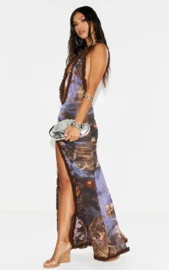 Blue Floral Printed Ruffle Detail Plunge Maxi Dress