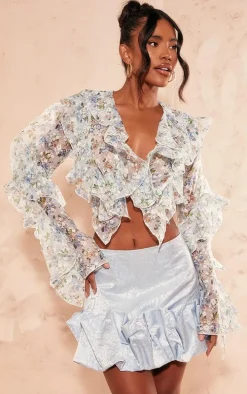 Blue Floral Satin Puffball Hem Mini Skirt