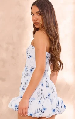 Blue Floral Shirred Bandeau Bodycon Dress