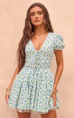 Blue Floral Short Sleeve Tie Pleated Shift Dress