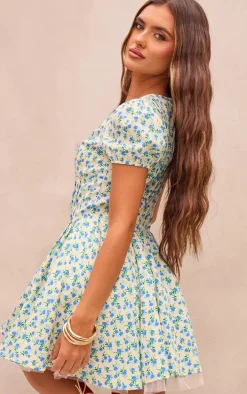 Blue Floral Short Sleeve Tie Pleated Shift Dress