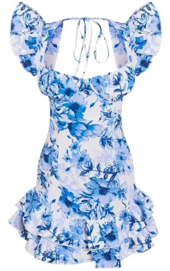 Blue Floral Underwired Frill Strappy Back Bodycon Dress