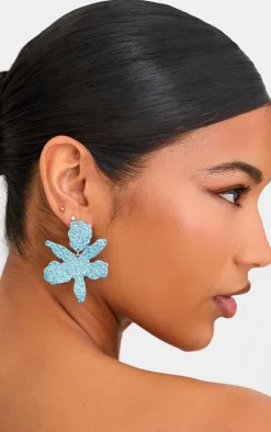 Blue Flower Diamante Statement Earrings