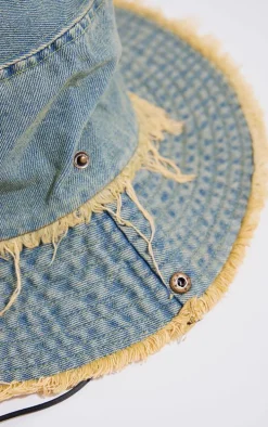 Blue Frayed Denim Toggle Bucket Hat