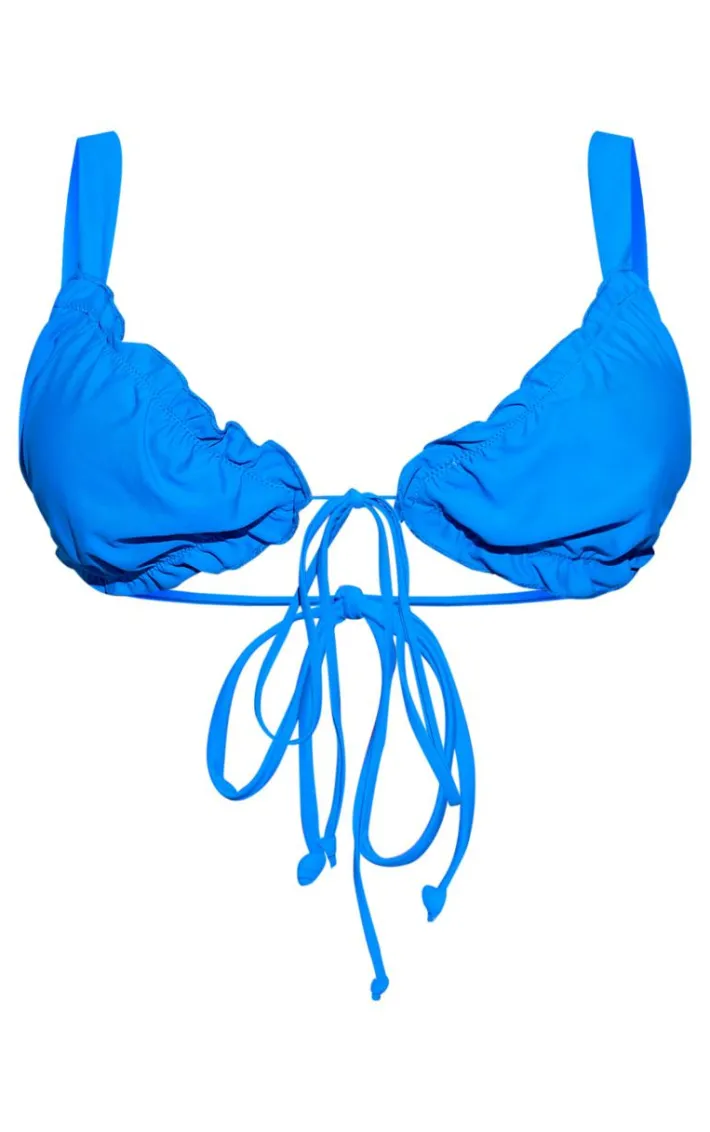 Blue Frill Edge Tie Front Bikini Top