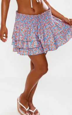Blue Fruit Printed Shirred Waist Tiered Mini Skirt