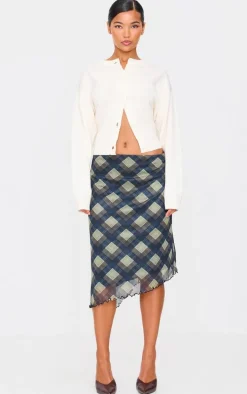 Blue Gingham Print Asymmetric Hem Mesh Midi Skirt