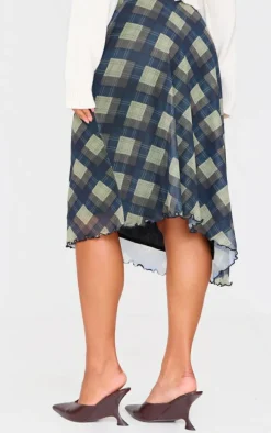 Blue Gingham Print Asymmetric Hem Mesh Midi Skirt