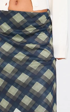 Blue Gingham Print Asymmetric Hem Mesh Midi Skirt