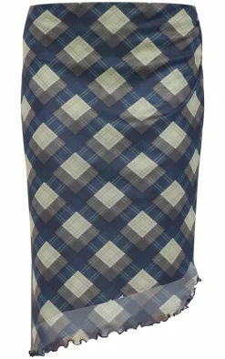 Blue Gingham Print Asymmetric Hem Mesh Midi Skirt