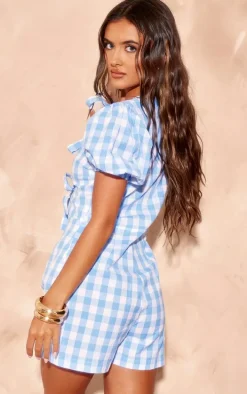 Blue Gingham Print Linen Tie Front Short Sleeve Romper