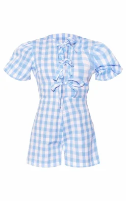 Blue Gingham Print Linen Tie Front Short Sleeve Romper