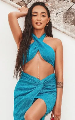 Blue Glitter Cross Front Bikini Top