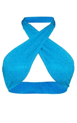 Blue Glitter Cross Front Bikini Top