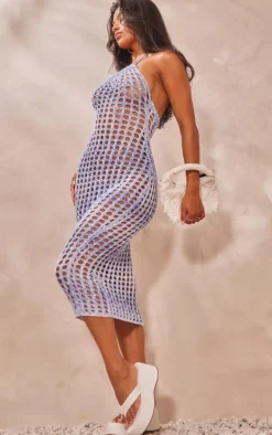 Blue Glitter Open Knit Midaxi Dress