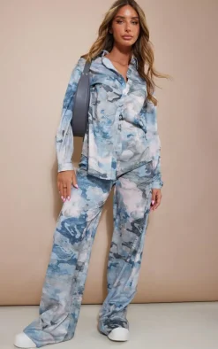 Blue Grey Abstract Print Woven Wide Leg Pants