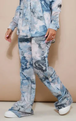 Blue Grey Abstract Print Woven Wide Leg Pants