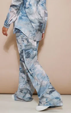 Blue Grey Abstract Print Woven Wide Leg Pants