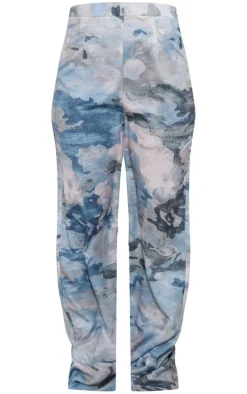 Blue Grey Abstract Print Woven Wide Leg Pants