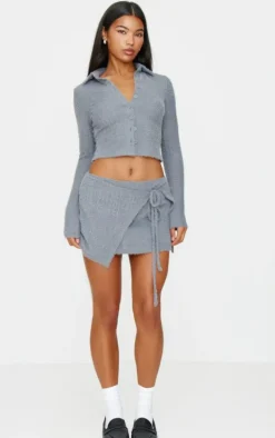 Blue Grey Brushed Texture Pleated Tie Side Mini Skirt