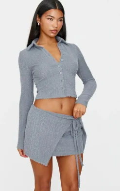 Blue Grey Brushed Texture Pleated Tie Side Mini Skirt