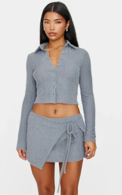 Blue Grey Brushed Texture Pleated Tie Side Mini Skirt