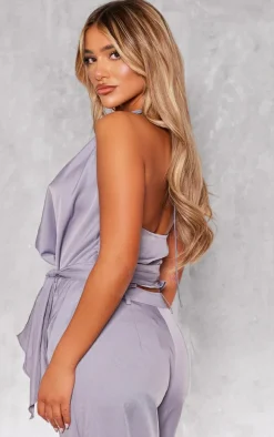 Blue Grey Draped Tie Detail Halterneck Long Top