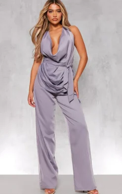 Blue Grey Draped Tie Detail Halterneck Long Top