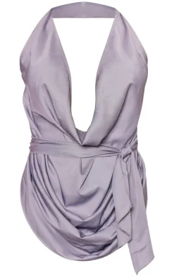 Blue Grey Draped Tie Detail Halterneck Long Top