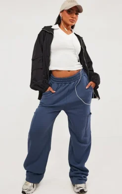 Blue Grey Elasticated Waist Pocket Cargo Straight Leg Sweatpants